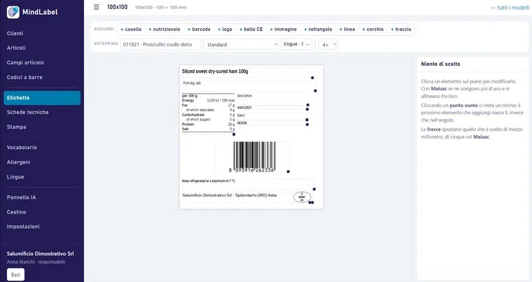 MindLabel, editor delle etichette: etichetta 100 × 100 mm con tabella nutrizionale, barcode e bollo CE